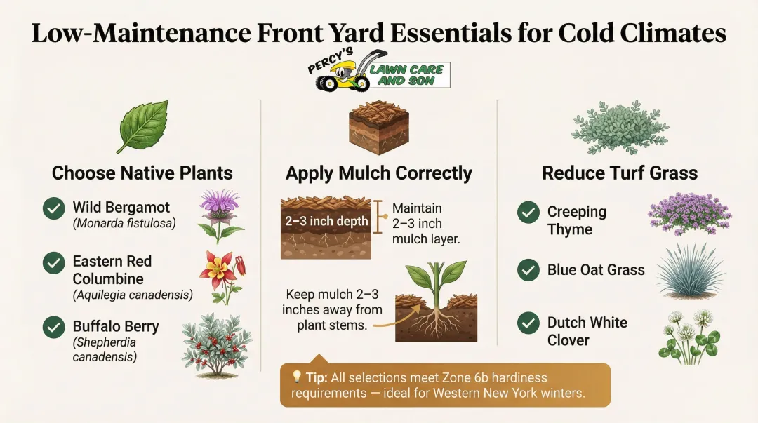 Low-maintenance front yard care checklist mulch native plants and turf reduction tips