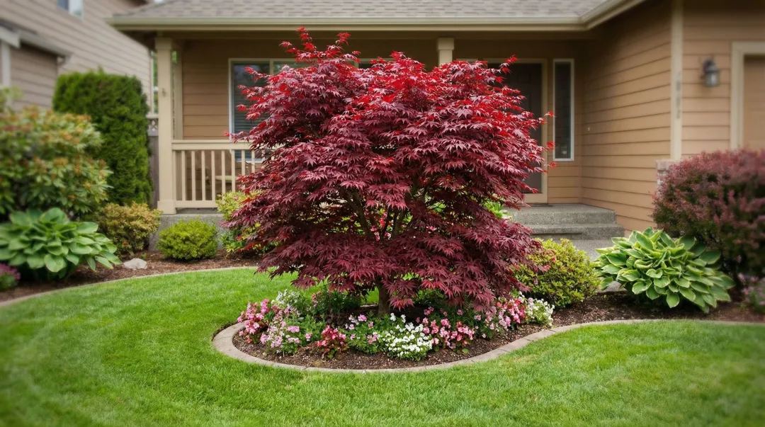 Small front yard with ornamental Japanese maple tree as focal point