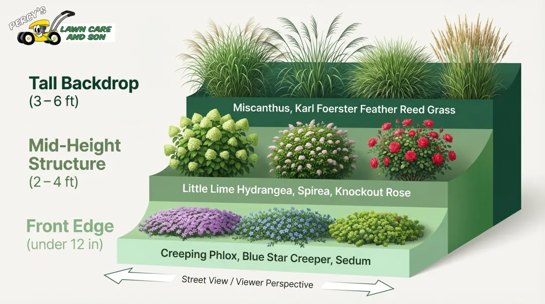 Three-tier plant layering technique for small front yards height diagram