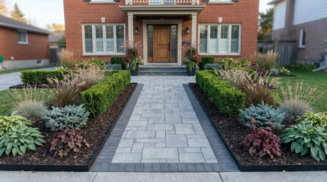 Brick and flagstone front yard walkway with frost-resistant interlocking pavers