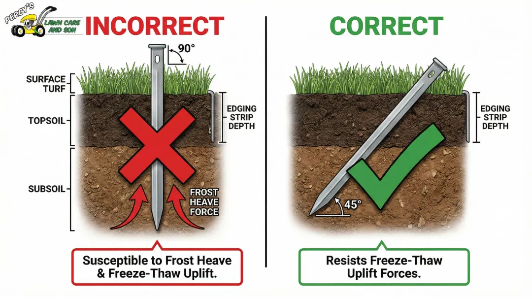 Correct versus incorrect landscape edging stake angle installation diagram comparison