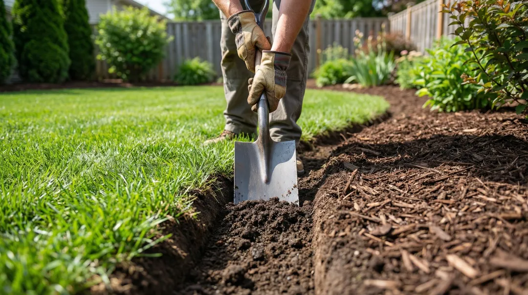 Gardener cutting clean V-shaped trench edge along garden flower bed