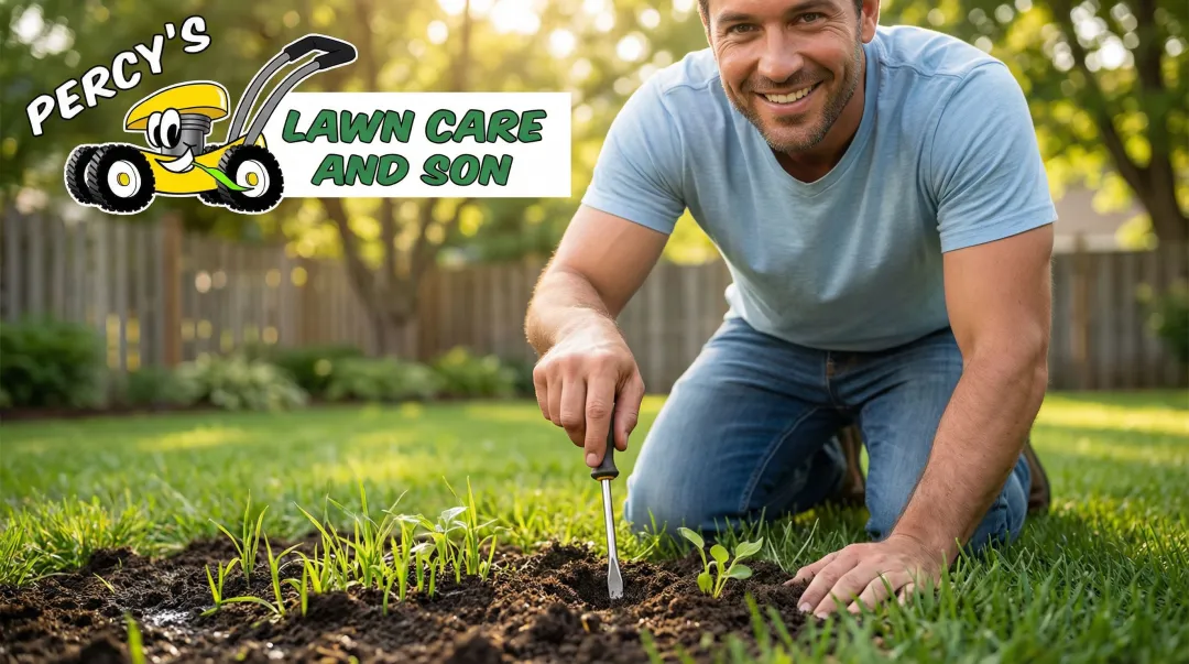 Homeowner performing screwdriver soil moisture test on newly seeded lawn
