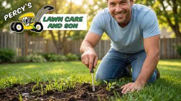Homeowner performing screwdriver soil moisture test on newly seeded lawn