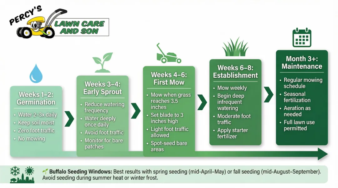 New grass care phase-by-phase maintenance timeline weeks one through month three