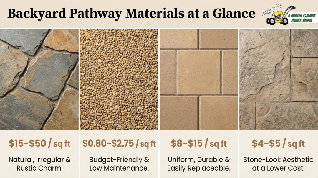 Backyard pathway material cost comparison flagstone gravel pavers stamped concrete options