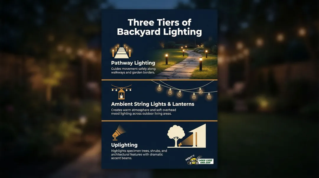 Three-tier backyard landscape lighting system pathway ambient and uplighting breakdown