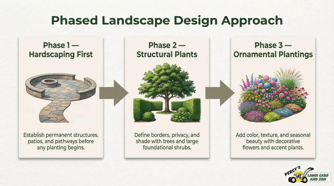 3-phase large backyard landscaping design process flow infographic