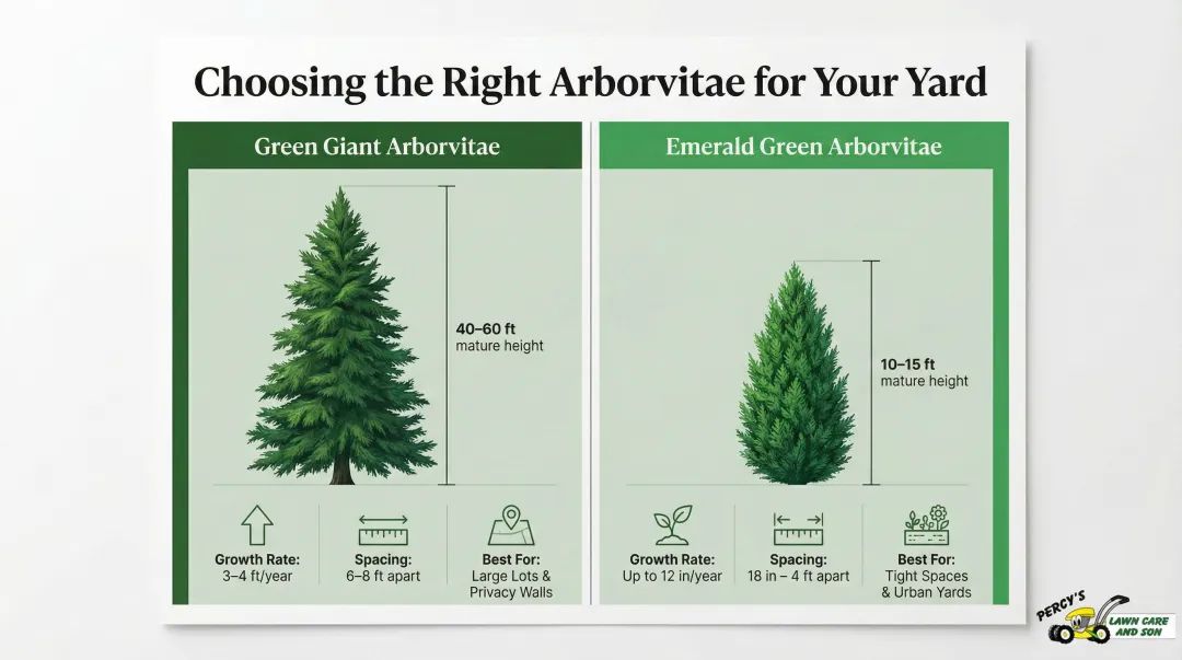 Green Giant versus Emerald Green arborvitae side-by-side size and spacing comparison chart