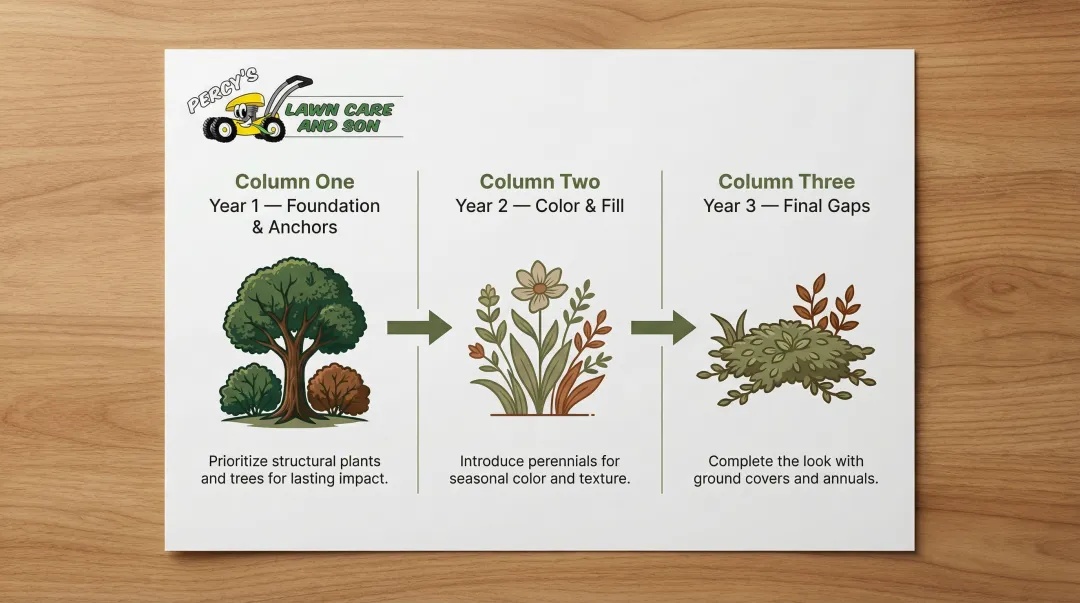 3-year low-maintenance garden planting timeline from trees to ground cover