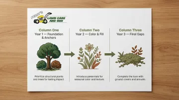 3-year low-maintenance garden planting timeline from trees to ground cover