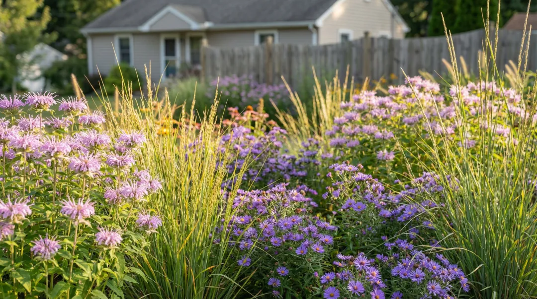 Native perennial garden bed with wild bergamot and ornamental grasses in bloom