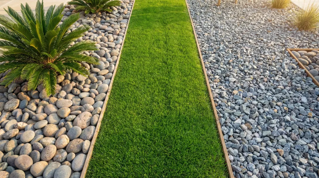 Decorative river rock ground cover in residential yard landscape bed