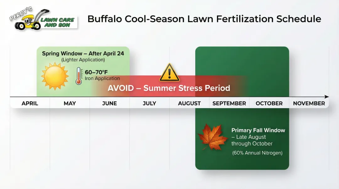 Buffalo lawn fertilization seasonal schedule nitrogen and iron application timing