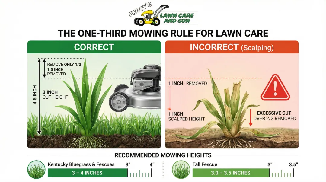 Lawn mowing one-third rule diagram showing correct versus incorrect cutting heights