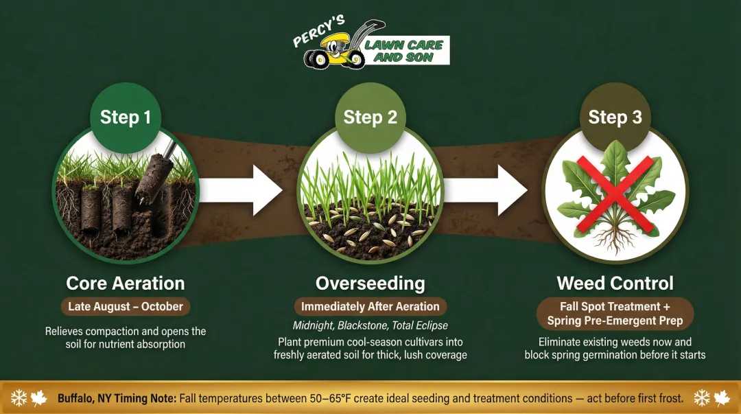 Buffalo lawn aeration overseeding and weed control fall schedule three-step process