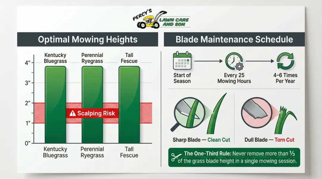 Mowing height guide and blade sharpening schedule for cool-season grasses