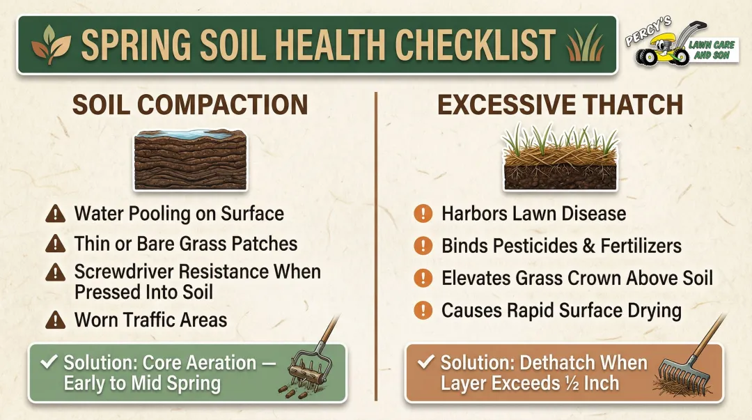 Lawn thatch and soil compaction signs impacts and solutions comparison infographic