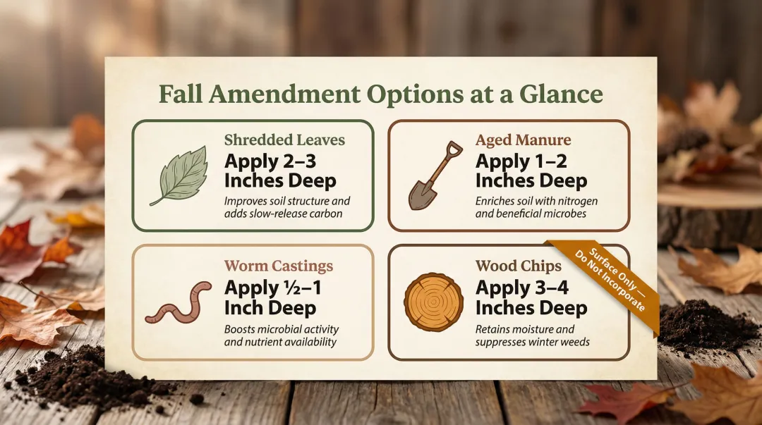 Four organic soil amendments comparison chart with application methods and benefits