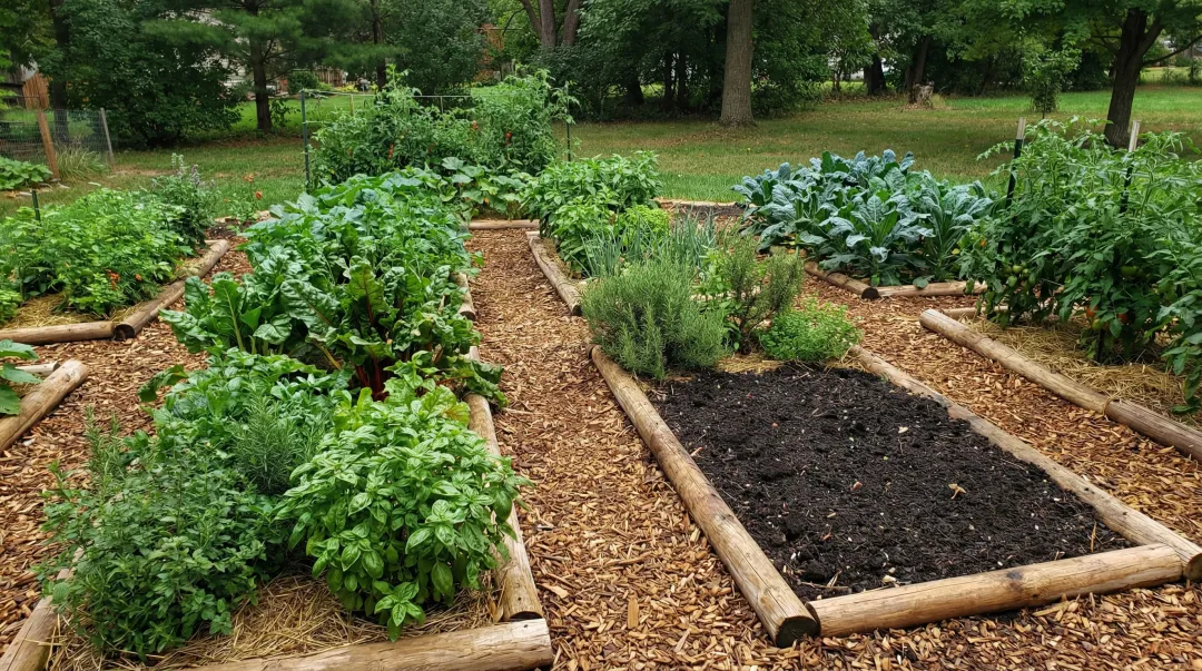 No-till raised garden beds with permanent path layout and mulched walkways