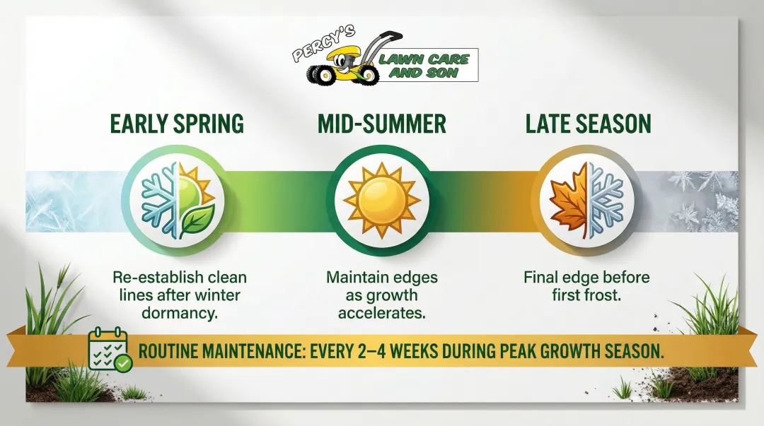Seasonal lawn edging schedule timeline spring through late season dormancy