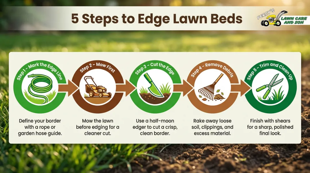 5-step lawn bed edging process flow from marking to cleanup