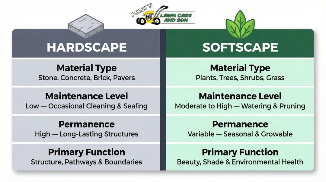 Hardscape versus softscape side-by-side comparison chart with key attributes