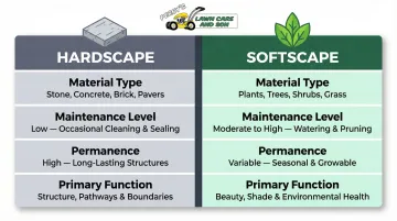 Hardscape versus softscape side-by-side comparison chart with key attributes