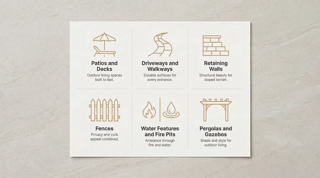 Six common hardscape features illustrated with icons and descriptions