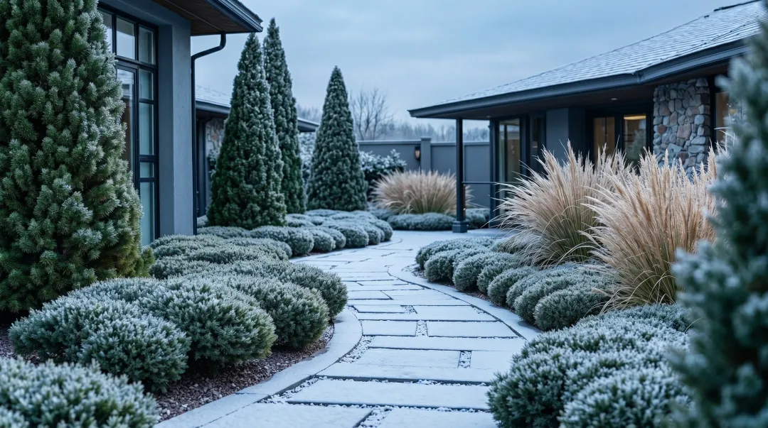 Salt-tolerant native plants along snowy Buffalo sidewalk in winter landscape