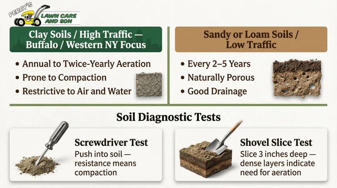 Lawn aeration frequency comparison chart by soil type and foot traffic level