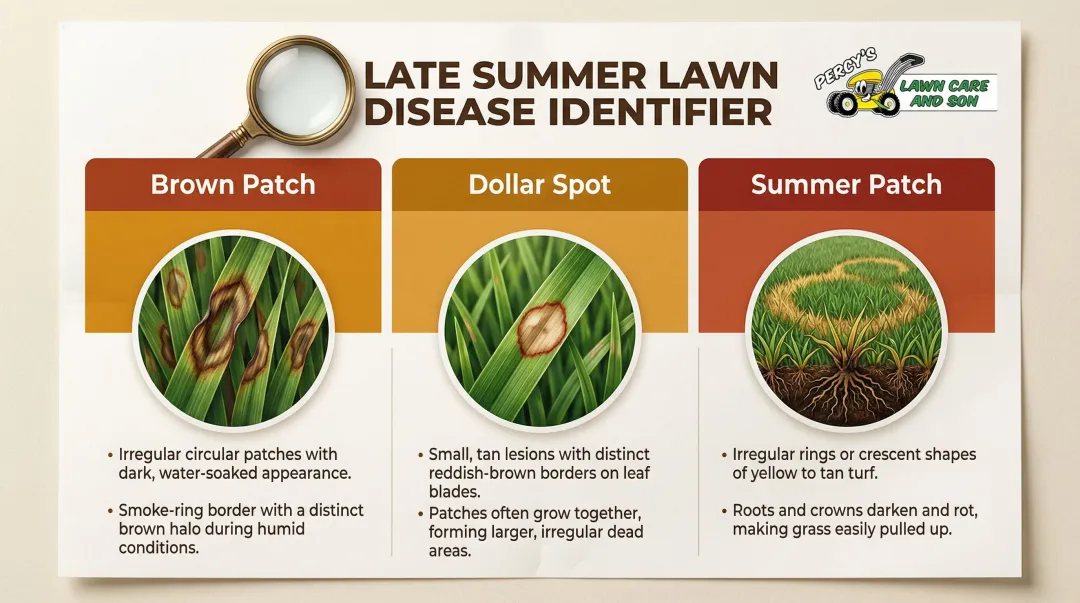Three common late summer lawn diseases identification guide with visual symptoms