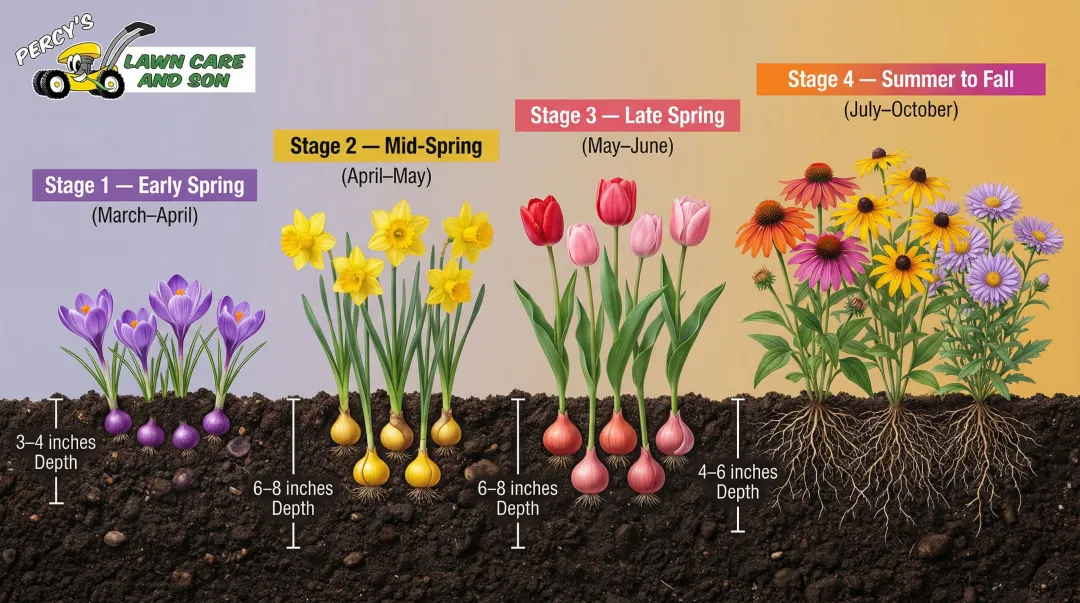 Buffalo seasonal bloom succession timeline from spring bulbs to fall asters