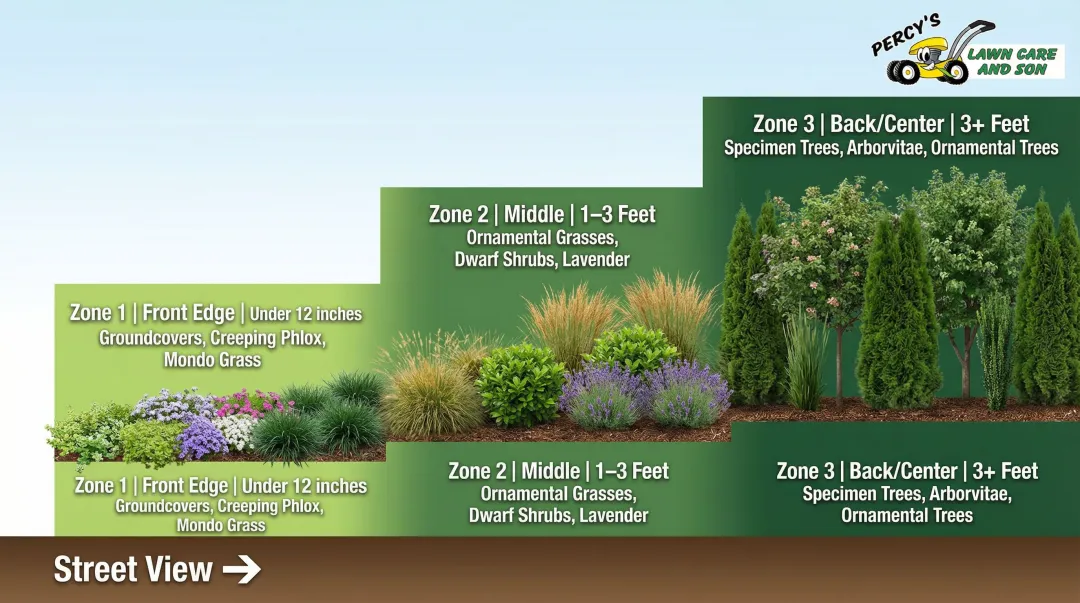 Three-tier plant height layering diagram from ground cover to tall specimen