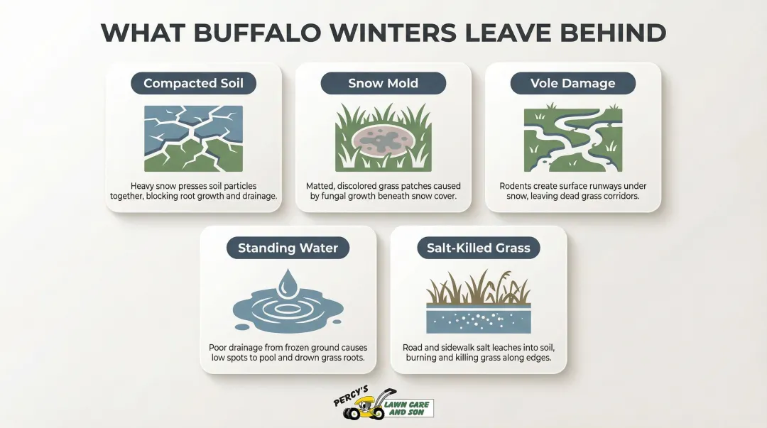 Five common Buffalo lawn damage types visible after winter snow recedes