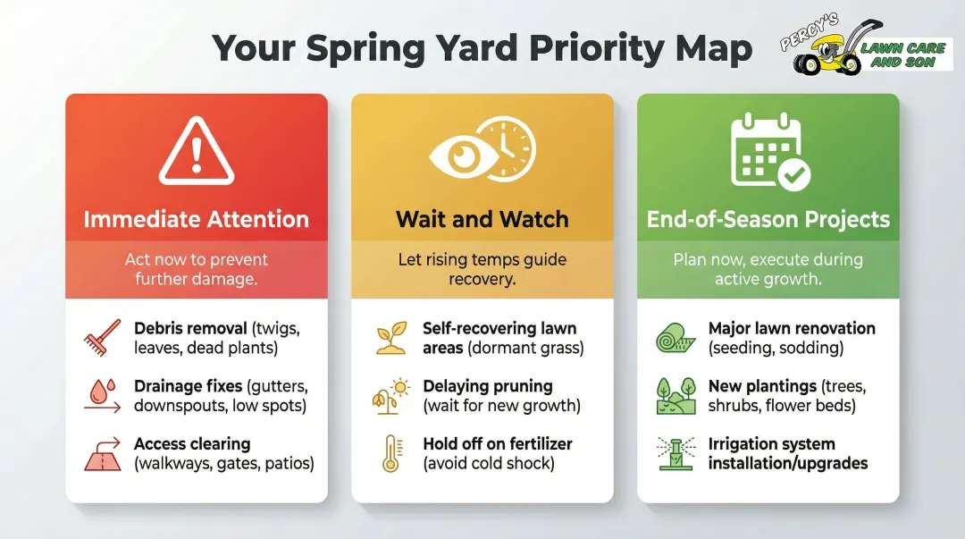 Three-zone spring lawn priority map from immediate fixes to seasonal projects