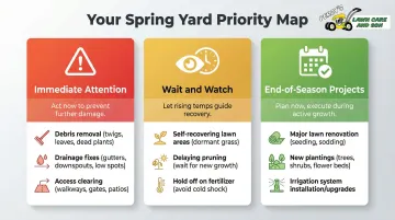 Three-zone spring lawn priority map from immediate fixes to seasonal projects
