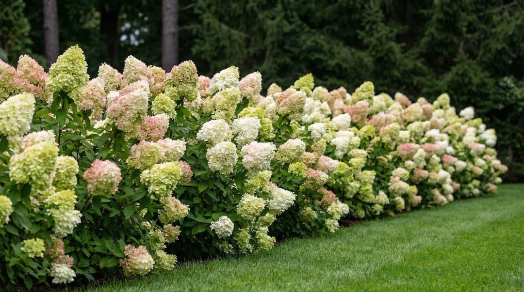 Massed Limelight panicle hydrangeas blooming along residential property border fence