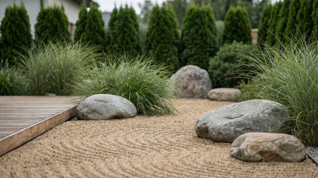 Zen rock garden with smooth boulders raked gravel and ornamental grasses near patio