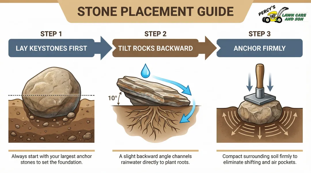 3-step rock garden stone placement technique infographic for slope stability and drainage