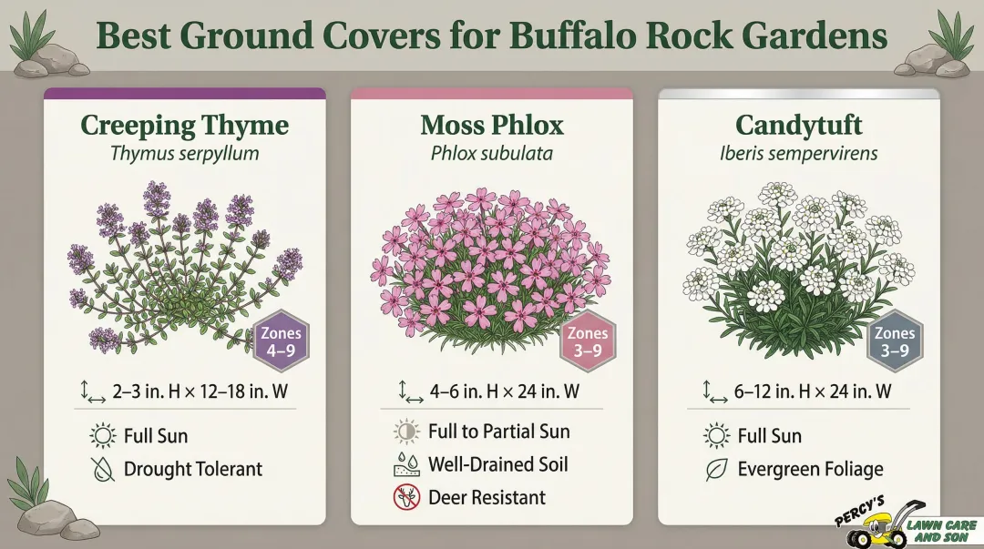 Cold-hardy rock garden ground cover plant comparison chart for Zone 6b Buffalo climate