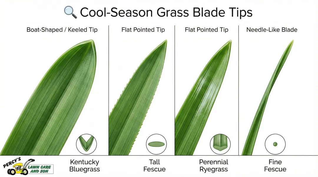 Four cool-season grass blade tip shapes identification comparison infographic