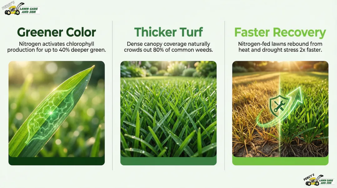 Three nitrogen lawn benefits infographic color density and stress recovery