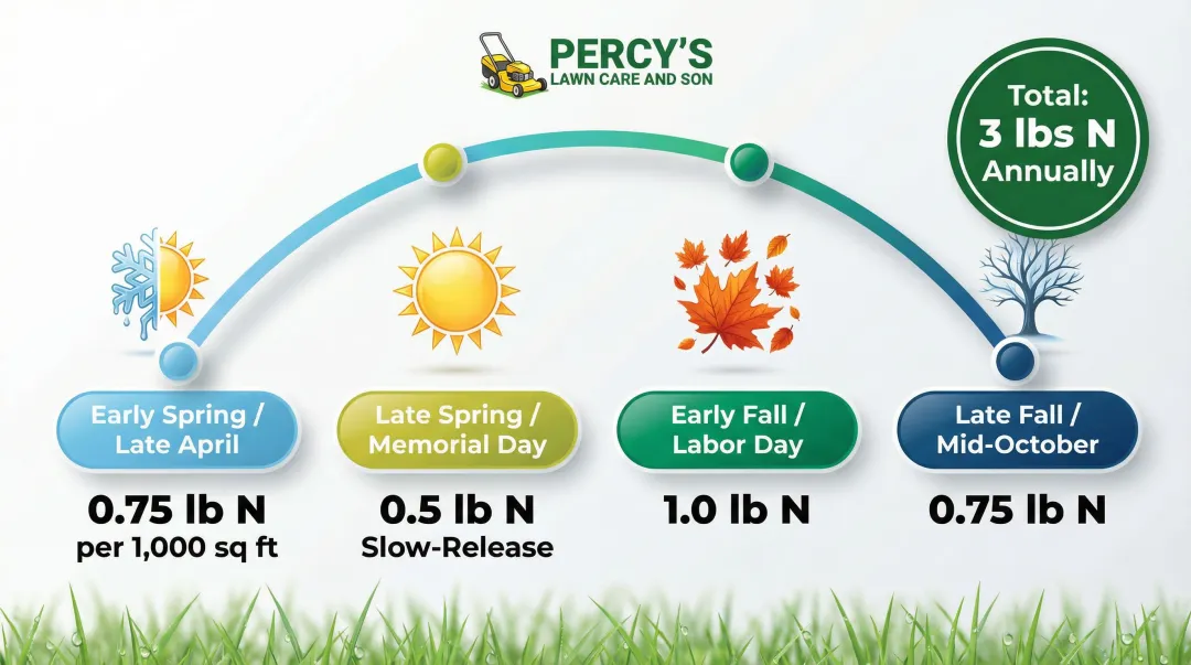 Buffalo cool-season lawn nitrogen application four-step seasonal schedule timeline
