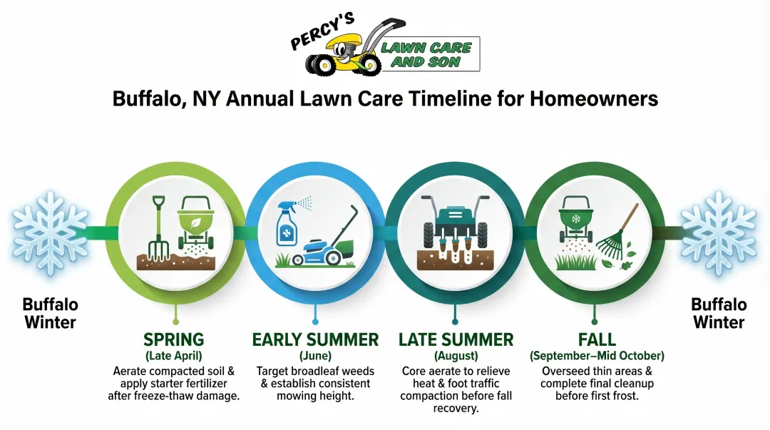 Buffalo lawn care seasonal treatment timeline from spring recovery to fall prep