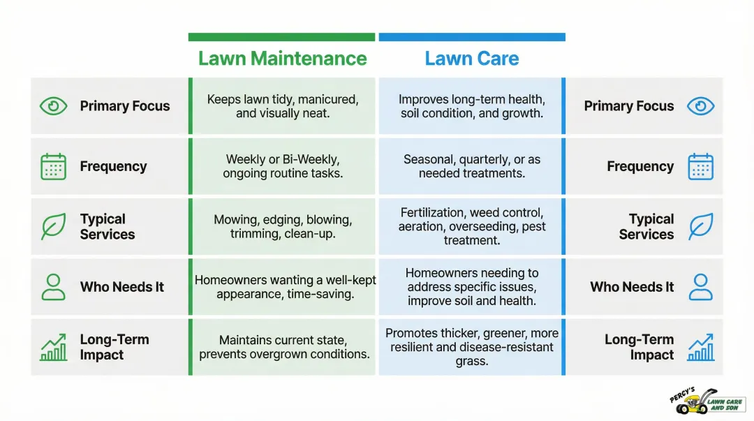 Lawn maintenance versus lawn care five-dimension side-by-side comparison chart