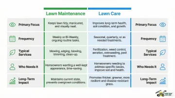 Lawn maintenance versus lawn care five-dimension side-by-side comparison chart