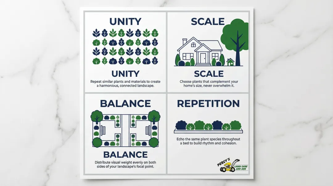 Four core landscape design principles unity scale balance and repetition visual guide