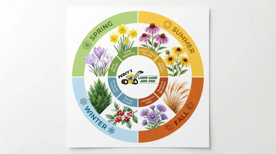 Four-season Buffalo front yard planting calendar from spring bulbs to winter evergreens