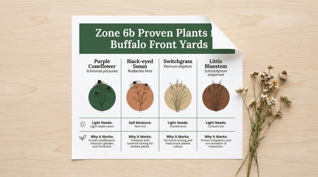 Four Buffalo-hardy native plants comparison chart with light soil and maintenance details